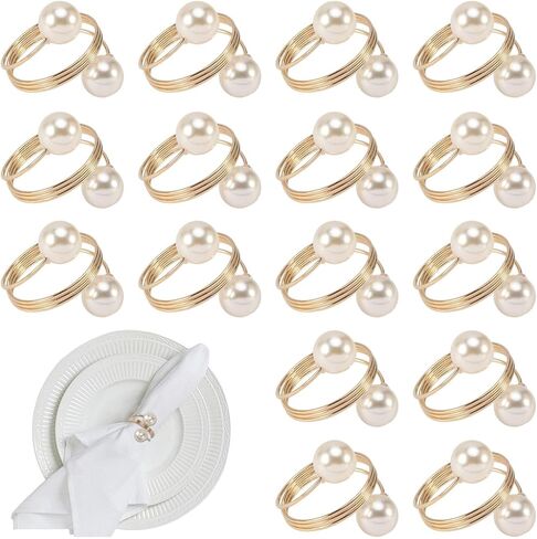 مجموعة حلقات مناديل اللؤلؤ من SYCOOVEN مكونة من 16 قطعة، حلقات مناديل ذهبية حامل مناديل اللؤلؤ وإبزيم حلقة منديل للتجمع العائلي، ديكور طاولة العشاء، مستلزمات حفلات الزفاف (ذهبي) in Kuwait