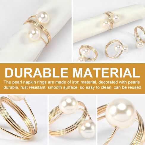 مجموعة حلقات مناديل اللؤلؤ من SYCOOVEN مكونة من 16 قطعة، حلقات مناديل ذهبية حامل مناديل اللؤلؤ وإبزيم حلقة منديل للتجمع العائلي، ديكور طاولة العشاء، مستلزمات حفلات الزفاف (ذهبي) in Kuwait