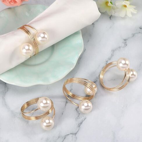 مجموعة حلقات مناديل اللؤلؤ من SYCOOVEN مكونة من 16 قطعة، حلقات مناديل ذهبية حامل مناديل اللؤلؤ وإبزيم حلقة منديل للتجمع العائلي، ديكور طاولة العشاء، مستلزمات حفلات الزفاف (ذهبي) in Kuwait