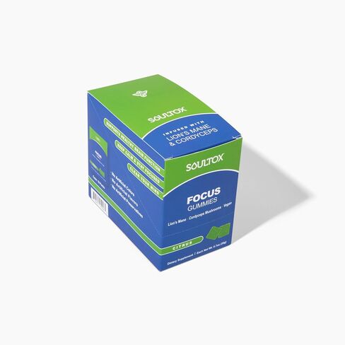 Soultox Focus Lion's Mane Gummies - Citrus Flavor - Vegan Formulation with Organic Lions Mane and Cordyceps - Enhance Memory, Focus and Energy - Citrus Flavor - Single Pack in Saudi Arabia