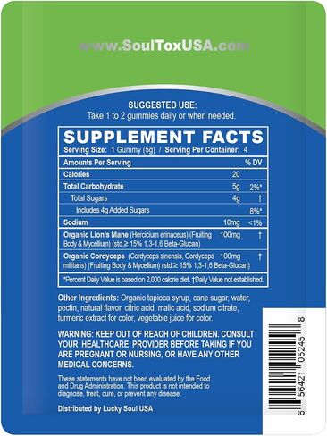 Soultox Focus Lion's Mane Gummies - Citrus Flavor - Vegan Formulation with Organic Lions Mane and Cordyceps - Enhance Memory, Focus and Energy - Citrus Flavor - Single Pack in Saudi Arabia