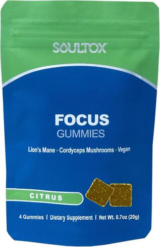 Soultox Focus Lion's Mane Gummies - Citrus Flavor - Vegan Formulation with Organic Lions Mane and Cordyceps - Enhance Memory, Focus and Energy - Citrus Flavor - Single Pack in Saudi Arabia