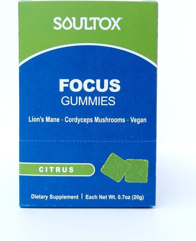 Soultox Focus Lion's Mane Gummies - Citrus Flavor - Vegan Formulation with Organic Lions Mane and Cordyceps - Enhance Memory, Focus and Energy - Citrus Flavor - Single Pack in Saudi Arabia