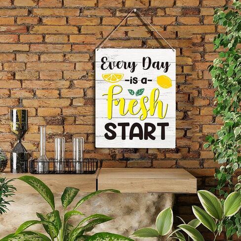 YCYD Kitchen Lemon Decor Every Day Is A Fresh Start Wooden Hanging Sign Funny Lemon Sign for Kitchen Counter Pool Bar Wall Decor 10x8 Inches Farmhouse Lemon Wood Sign for Home Office in Saudi Arabia