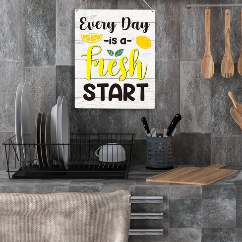 YCYD Kitchen Lemon Decor Every Day Is A Fresh Start Wooden Hanging Sign Funny Lemon Sign for Kitchen Counter Pool Bar Wall Decor 10x8 Inches Farmhouse Lemon Wood Sign for Home Office in Saudi Arabia