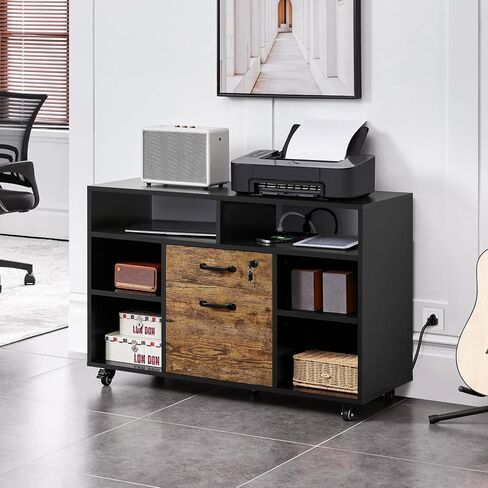 Yaheetech File Cabinet Filing Cabinets with Socket & USB Charging Port 2 Drawers Lateral Printer Stand for Letter Size A4 Size, Home Office Black/Rustic Brown in Saudi Arabia