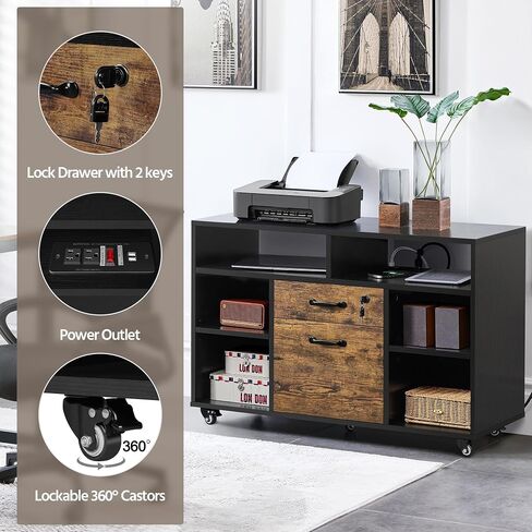 Yaheetech File Cabinet Filing Cabinets with Socket & USB Charging Port 2 Drawers Lateral Printer Stand for Letter Size A4 Size, Home Office Black/Rustic Brown in Saudi Arabia