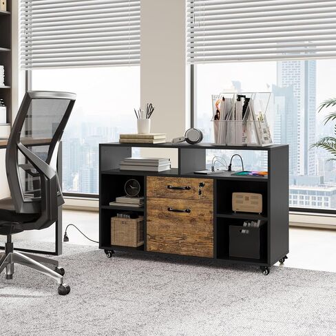 Yaheetech File Cabinet Filing Cabinets with Socket & USB Charging Port 2 Drawers Lateral Printer Stand for Letter Size A4 Size, Home Office Black/Rustic Brown in Saudi Arabia