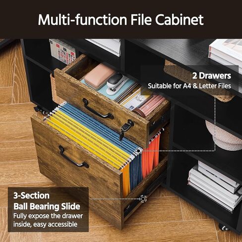 Yaheetech File Cabinet Filing Cabinets with Socket & USB Charging Port 2 Drawers Lateral Printer Stand for Letter Size A4 Size, Home Office Black/Rustic Brown in Saudi Arabia