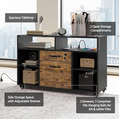 Yaheetech File Cabinet Filing Cabinets with Socket & USB Charging Port 2 Drawers Lateral Printer Stand for Letter Size A4 Size, Home Office Black/Rustic Brown in Saudi Arabia