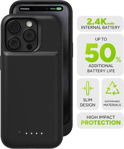mophie Juice Pack iPhone 15 Pro Battery Case - Legendary Power & Protection - Up to 50% Extra Battery, 6ft Drop Safety, Eco-Friendly Design, Black in Saudi Arabia