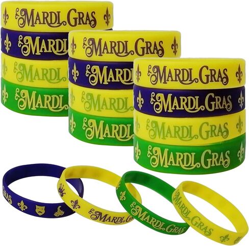 24PCS Mardi Gras Party Favors Rubber Bracelets - Carnival Birthday Party Supplies Decorations Goodie Bag Stuffers Fillers Silicone Wristbands in Saudi Arabia