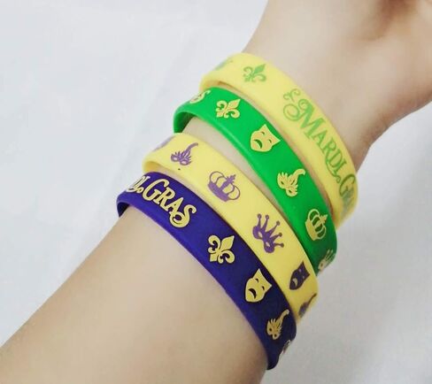 24PCS Mardi Gras Party Favors Rubber Bracelets - Carnival Birthday Party Supplies Decorations Goodie Bag Stuffers Fillers Silicone Wristbands in Saudi Arabia