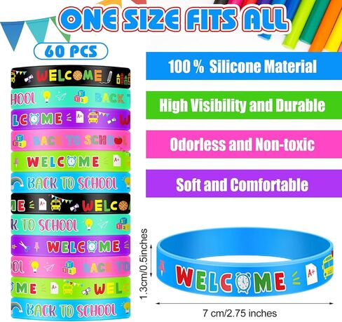 60 Pcs Welcome Back to School Bracelets Silicone Wristbands Rubber 100 Days of School/First Day of School Party Rubber Bracelets for Birthday Party Supplies Decorations Prize School Gift in Saudi Arabia