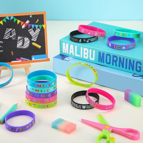 60 Pcs Welcome Back to School Bracelets Silicone Wristbands Rubber 100 Days of School/First Day of School Party Rubber Bracelets for Birthday Party Supplies Decorations Prize School Gift in Saudi Arabia