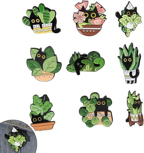9Pcs Cats Hidden in Plants Enamel Lapel Pins Set, Exquisite Cartoon Black Cat Potted Cute Pins for Girl Woman, Brooch Badge Gifts Suitable for Backpacks Clothing Jackets DIY Accessories in Saudi Arabia