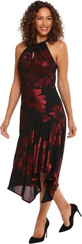 London Times Women's Keyhole Neck Asymmetrical Hem Halter Metallic Pattern Guest of Event Cocktail Party in Saudi Arabia
