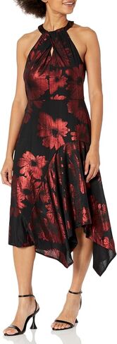 London Times Women's Keyhole Neck Asymmetrical Hem Halter Metallic Pattern Guest of Event Cocktail Party in Saudi Arabia