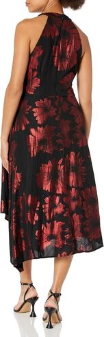 London Times Women's Keyhole Neck Asymmetrical Hem Halter Metallic Pattern Guest of Event Cocktail Party in Saudi Arabia