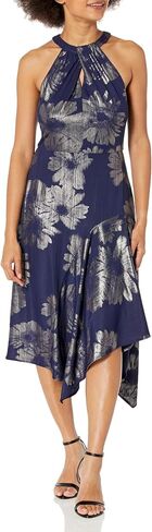 London Times Women's Keyhole Neck Asymmetrical Hem Halter Metallic Pattern Guest of Event Cocktail Party in Saudi Arabia