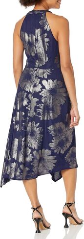London Times Women's Keyhole Neck Asymmetrical Hem Halter Metallic Pattern Guest of Event Cocktail Party in Saudi Arabia