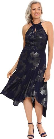 London Times Women's Keyhole Neck Asymmetrical Hem Halter Metallic Pattern Guest of Event Cocktail Party in Saudi Arabia