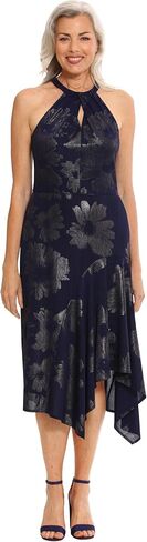 London Times Women's Keyhole Neck Asymmetrical Hem Halter Metallic Pattern Guest of Event Cocktail Party in Saudi Arabia