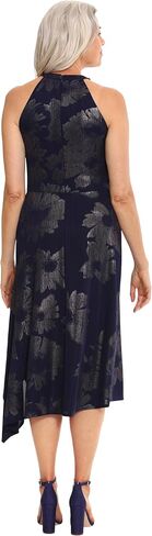 London Times Women's Keyhole Neck Asymmetrical Hem Halter Metallic Pattern Guest of Event Cocktail Party in Saudi Arabia