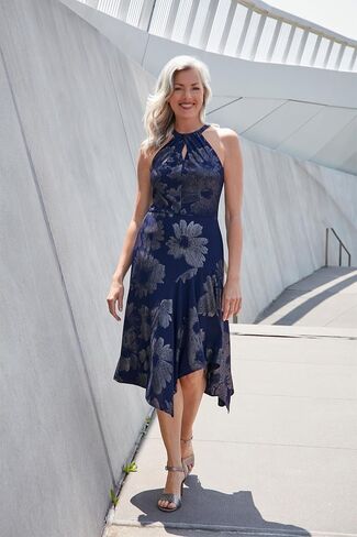 London Times Women's Keyhole Neck Asymmetrical Hem Halter Metallic Pattern Guest of Event Cocktail Party in Saudi Arabia
