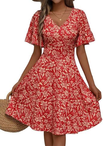 HUHOT Summer Floral Sundresses for Women 2024 Vacation Ruffle Sun Dress with Pockets in Saudi Arabia