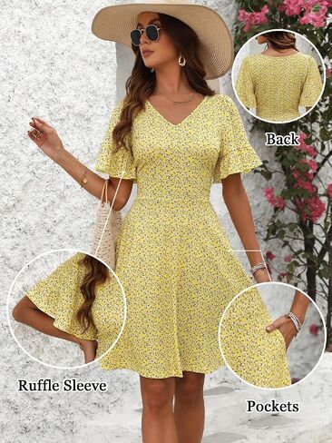 HUHOT Summer Floral Sundresses for Women 2024 Vacation Ruffle Sun Dress with Pockets in Saudi Arabia