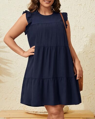 Holipick Women's Plus Size Summer Dresses Casual Short Dress Babydoll Ruffle Sleeve Swing Flowy Sleeveless Tunic Dress in Saudi Arabia