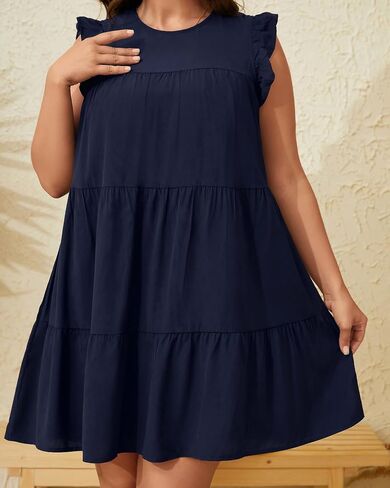 Holipick Women's Plus Size Summer Dresses Casual Short Dress Babydoll Ruffle Sleeve Swing Flowy Sleeveless Tunic Dress in Saudi Arabia