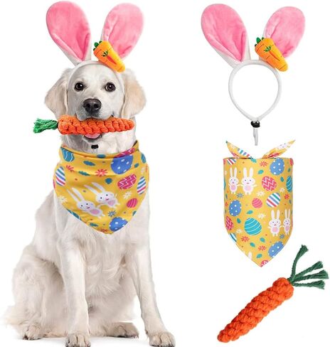 Dog Easter Bunny Costume, Pet Rabbit Ears Headband, Puppy Egg Bandana, Funny Carrot Dog Toy Set, Teeth Cleaning Dog Chew Toys Gifts Easter Dog Costumes Party Apparel Accessory Headwear in Saudi Arabia