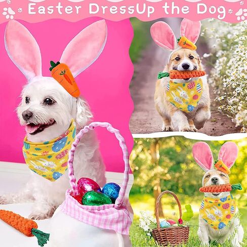 Dog Easter Bunny Costume, Pet Rabbit Ears Headband, Puppy Egg Bandana, Funny Carrot Dog Toy Set, Teeth Cleaning Dog Chew Toys Gifts Easter Dog Costumes Party Apparel Accessory Headwear in Saudi Arabia
