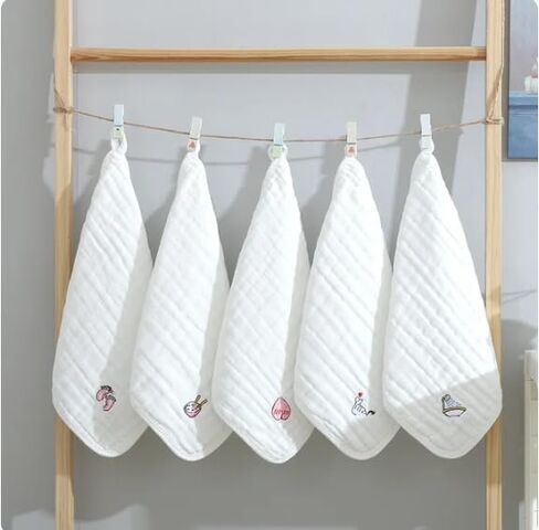 100% Cotton Square Face Towel Set - 5 Pieces, Muslin Baby Essentials for Newborns, Gauze Baby Wipes, and Wash Cloths (Printed White), Small in Saudi Arabia