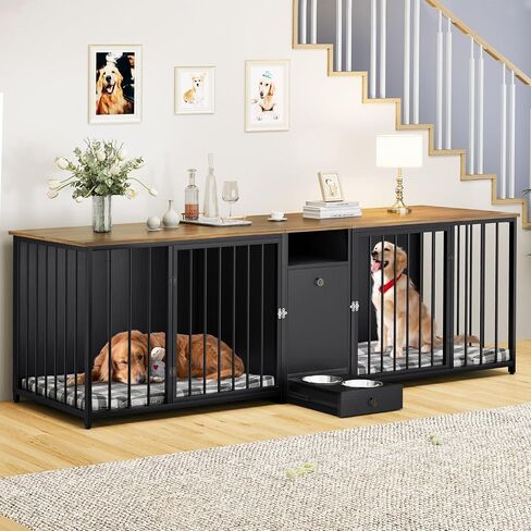 YITAHOME 94.5" Large Dog Crate Furniture with Feeder Bowls, Heavy Duty Dog Kennel with Room Divider and Drawer, Wooden Dog House TV Stand Table Indoor for 2 Large/Medium Dogs, Brown in Saudi Arabia