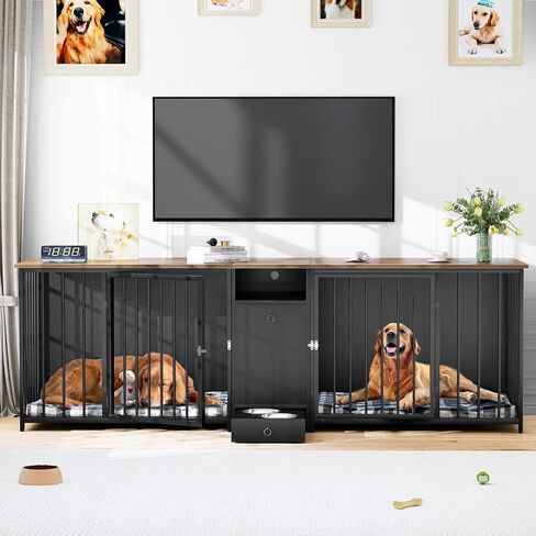 YITAHOME 94.5" Large Dog Crate Furniture with Feeder Bowls, Heavy Duty Dog Kennel with Room Divider and Drawer, Wooden Dog House TV Stand Table Indoor for 2 Large/Medium Dogs, Brown in Saudi Arabia