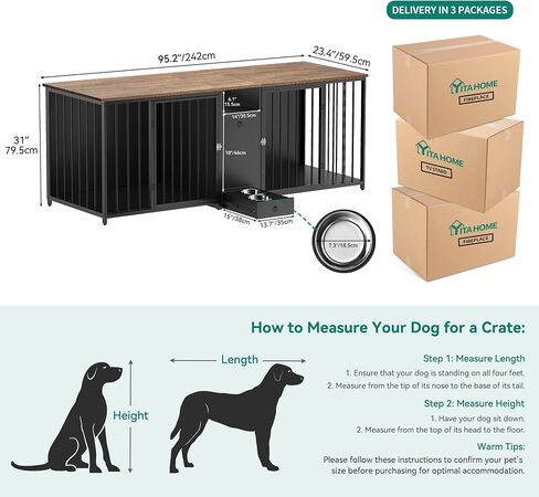 YITAHOME 94.5" Large Dog Crate Furniture with Feeder Bowls, Heavy Duty Dog Kennel with Room Divider and Drawer, Wooden Dog House TV Stand Table Indoor for 2 Large/Medium Dogs, Brown in Saudi Arabia