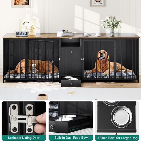 YITAHOME 94.5" Large Dog Crate Furniture with Feeder Bowls, Heavy Duty Dog Kennel with Room Divider and Drawer, Wooden Dog House TV Stand Table Indoor for 2 Large/Medium Dogs, Brown in Saudi Arabia