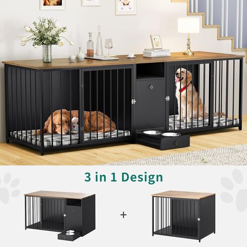 YITAHOME 94.5" Large Dog Crate Furniture with Feeder Bowls, Heavy Duty Dog Kennel with Room Divider and Drawer, Wooden Dog House TV Stand Table Indoor for 2 Large/Medium Dogs, Brown in Saudi Arabia