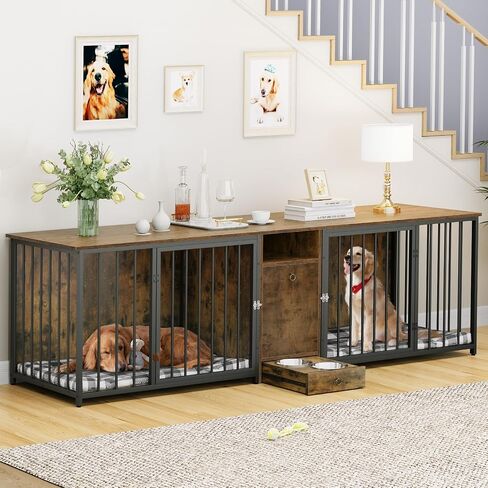 YITAHOME 94.5" Large Dog Crate Furniture with Feeder Bowls, Heavy Duty Dog Kennel with Room Divider and Drawer, Wooden Dog House TV Stand Table Indoor for 2 Large/Medium Dogs, Brown in Saudi Arabia
