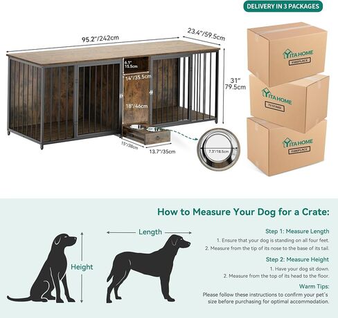 YITAHOME 94.5" Large Dog Crate Furniture with Feeder Bowls, Heavy Duty Dog Kennel with Room Divider and Drawer, Wooden Dog House TV Stand Table Indoor for 2 Large/Medium Dogs, Brown in Saudi Arabia