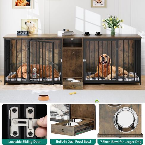 YITAHOME 94.5" Large Dog Crate Furniture with Feeder Bowls, Heavy Duty Dog Kennel with Room Divider and Drawer, Wooden Dog House TV Stand Table Indoor for 2 Large/Medium Dogs, Brown in Saudi Arabia