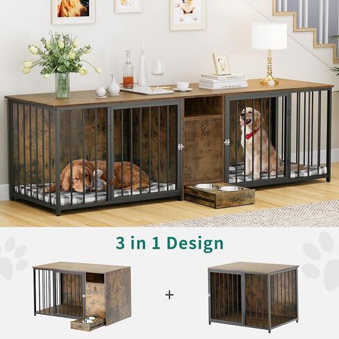 YITAHOME 94.5" Large Dog Crate Furniture with Feeder Bowls, Heavy Duty Dog Kennel with Room Divider and Drawer, Wooden Dog House TV Stand Table Indoor for 2 Large/Medium Dogs, Brown in Saudi Arabia