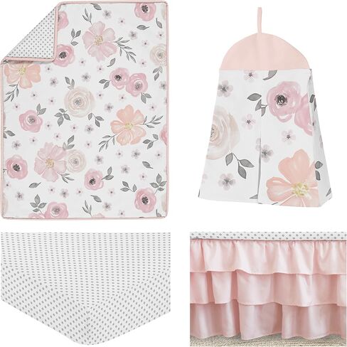 Sweet Jojo Designs 4 pc. Blush Pink, Grey and White Watercolor Floral Baby Girl Crib Bedding Set Rose Flower Polka Dot in Saudi Arabia