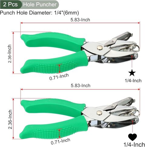 YOKIVE 2 Pcs Single Hole Heart Star Shape Punch Hole Paper Puncher | Metal Paper Punching Tool Great for Packaging Card Scrapbook Notebook, (Green 1/4") in Kuwait