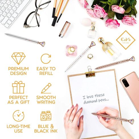 COME 4 Pcs Colorful Diamond Pens Rose Gold - 4 Velvet Bags, 8 Ink Refills Black & Blue in Saudi Arabia