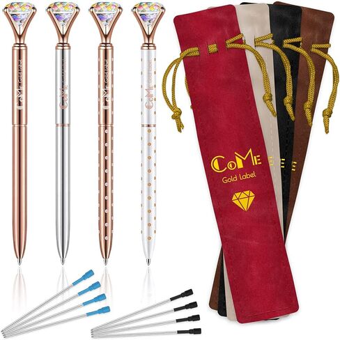 COME 4 Pcs Colorful Diamond Pens Rose Gold - 4 Velvet Bags, 8 Ink Refills Black & Blue in Saudi Arabia