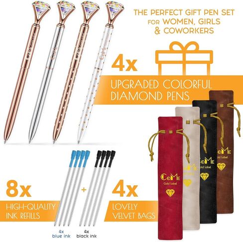 COME 4 Pcs Colorful Diamond Pens Rose Gold - 4 Velvet Bags, 8 Ink Refills Black & Blue in Saudi Arabia